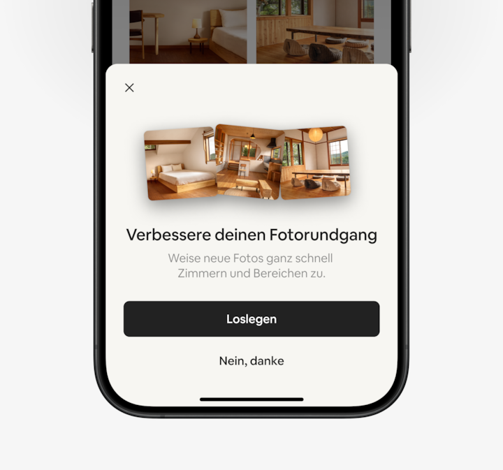Die Airbnb-App zeigt das Tab „Inserate“ mit der Option, den Fotorundgang zu aktualisieren.