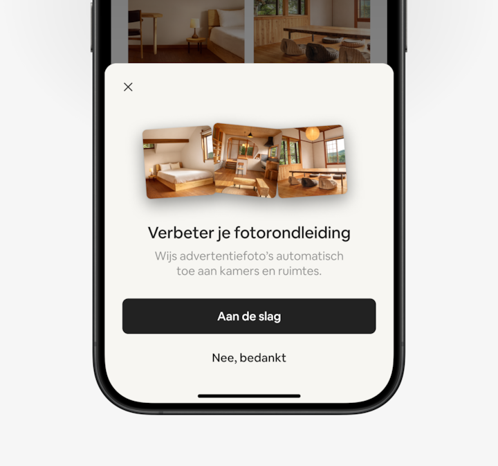 De Airbnb-app met het tabblad Advertenties en de optie om de fotorondleiding bij te werken.