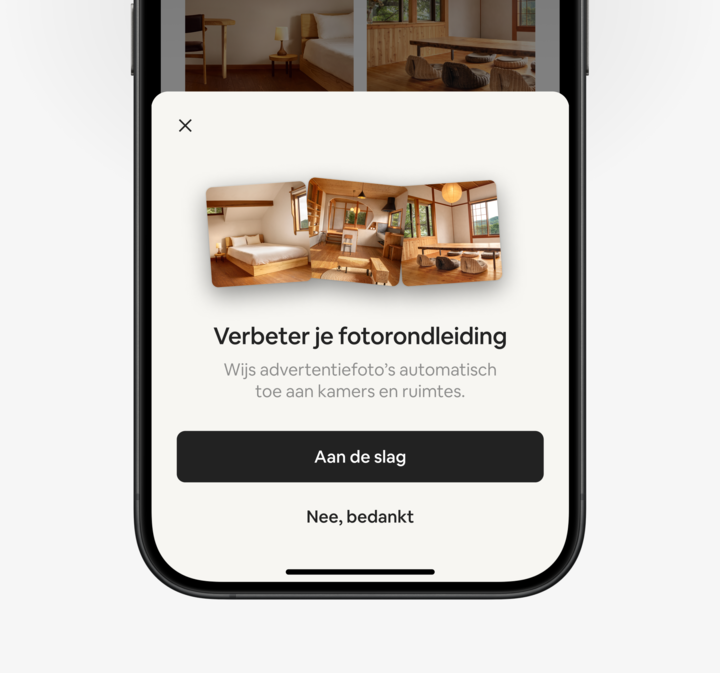 De Airbnb-app met het tabblad Advertenties en de optie om de fotorondleiding bij te werken.