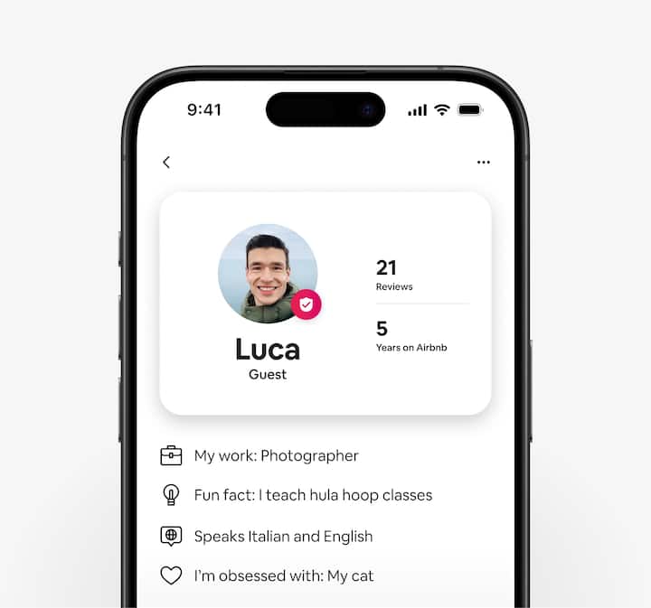 Airbnb app showing an updated guest profile that includes information about their reviews, how long they’ve been on Airbnb, their work, fun fact, languages they speak, and what they’re obsessed with.