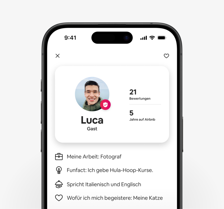 Die Airbnb-App zeigt ein aktualisiertes Gästeprofil, das Informationen über Bewertungen, das Startdatum auf Airbnb, den Beruf, Funfacts, Sprachen und Interessen enthält.