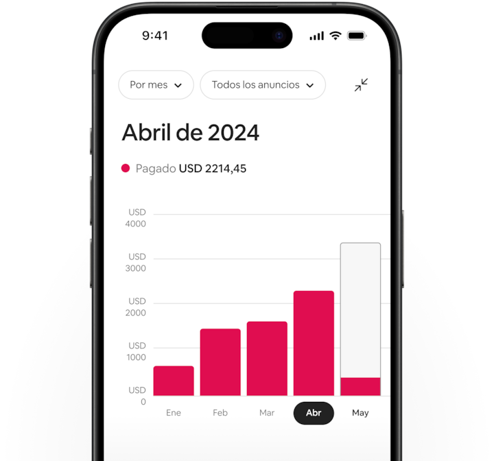 La app de Airbnb muestra un gráfico de barras de ingresos con el mes de abril resaltado, seguido de una vista anual con 2024 resaltado.