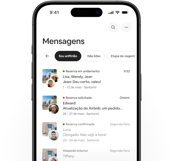 O aplicativo do Airbnb mostra a nova aba Mensagens com o filtro "Todas" selecionado, seguido pelos filtros "Hospedagem" e "Não lidas".