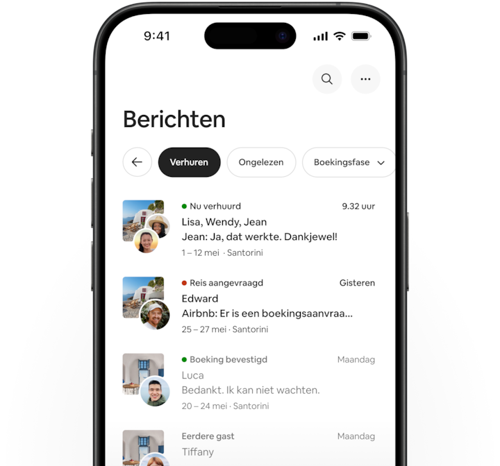 De Airbnb-app met het nieuwe tabblad Berichten waarop het filter Alles geselecteerd is, gevolgd door de filters Verhuren en Ongelezen.