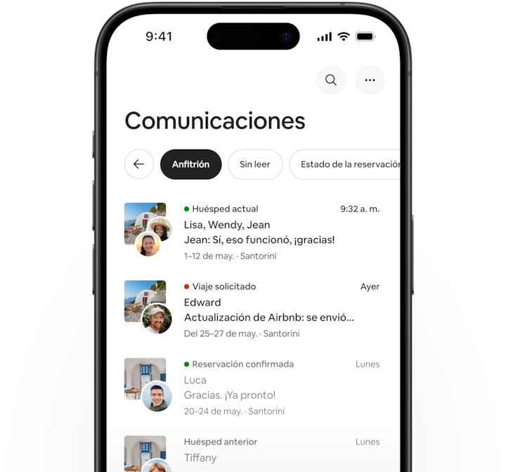 La app de Airbnb muestra la nueva pestaña Mensajes con el filtro “Todos” seleccionado, seguido de los filtros “Anfitrión” y “Sin leer”.