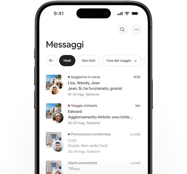 L'app di Airbnb mostra la nuovissima scheda Messaggi con il filtro "Tutti" selezionato, seguito dai filtri "Ospitare" e "Non letto".