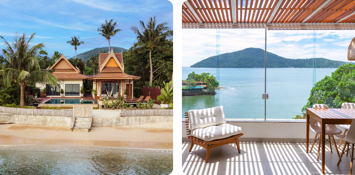 Two images of beachfront Airbnb homes aligned side by side. The first image is of a tropical style, thatch roof home nestled in a lush jungle forest of palms. The second image is of a wooden patio deck, elevated, and looking out to a sprawling ocean below with glittering isles in the distance.