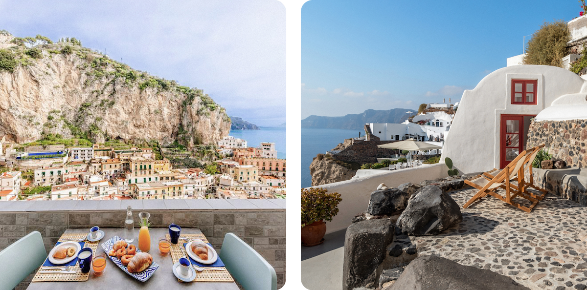 Two images of Airbnb homes in iconic European cities aligned side by side. The first image is of a beachfront home on the coast of Europe. The white-washed exterior of the home overlooks the beautiful, blue waters below. From the terrace of the home, a sunlounger sits in front of an ocean view stretching for miles. The second image is of a terrace overlooking a European city evoking thoughts of Rome, Milan, or Florence. Orange, terracotta tiles contrast the cloudless, blue skies above from an Airbnb deep in the heart of the city.