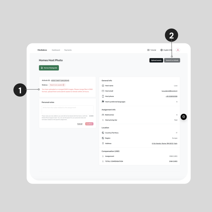 A screenshot of the Mediabox tool, notifying photographer of rejection reason.