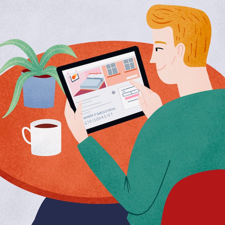 Simple illustration of a person with an iPad visiting the registration section on the Airbnb website