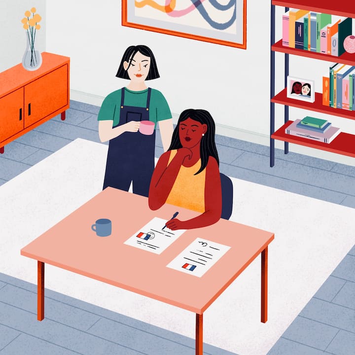 Simple illustration of two persons in a living room filling out some regulations papers 