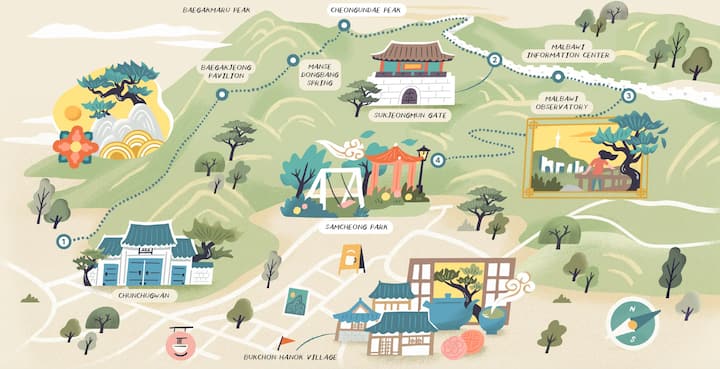 An illustrated map of a hiking route in Seoul