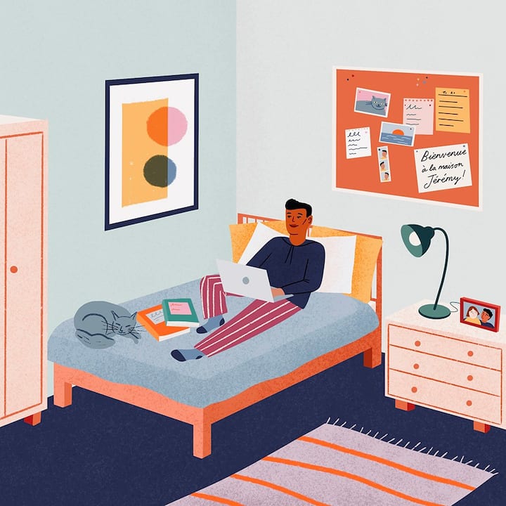 Man staying in a private room with a computer