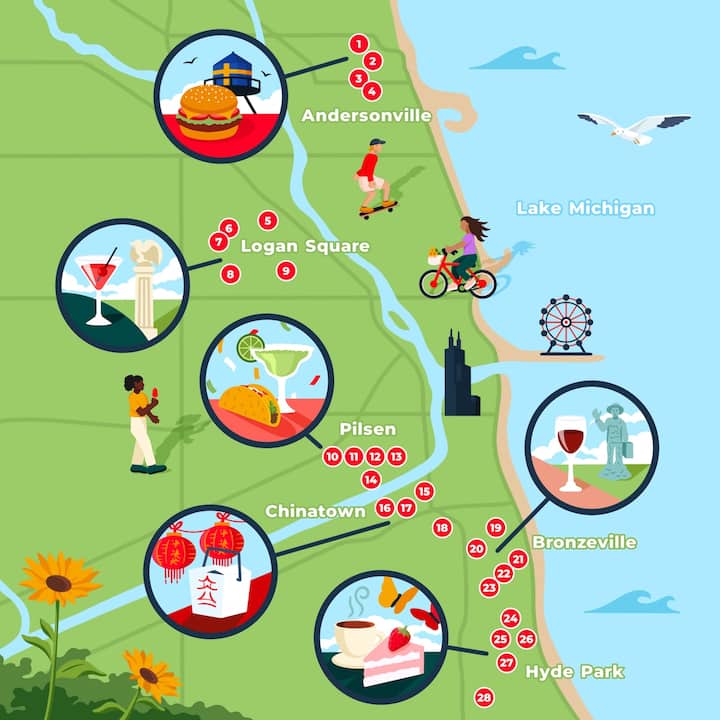 Illustrated map of Chicago highlighting the regions and rough locations of the restaurants described in the accompanying detail image