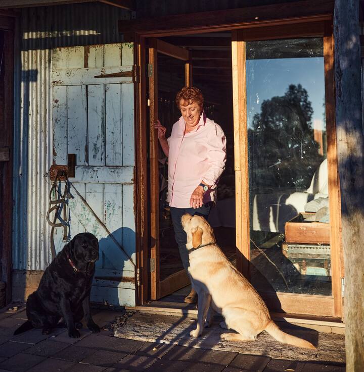 Woman at her door with two dogs
