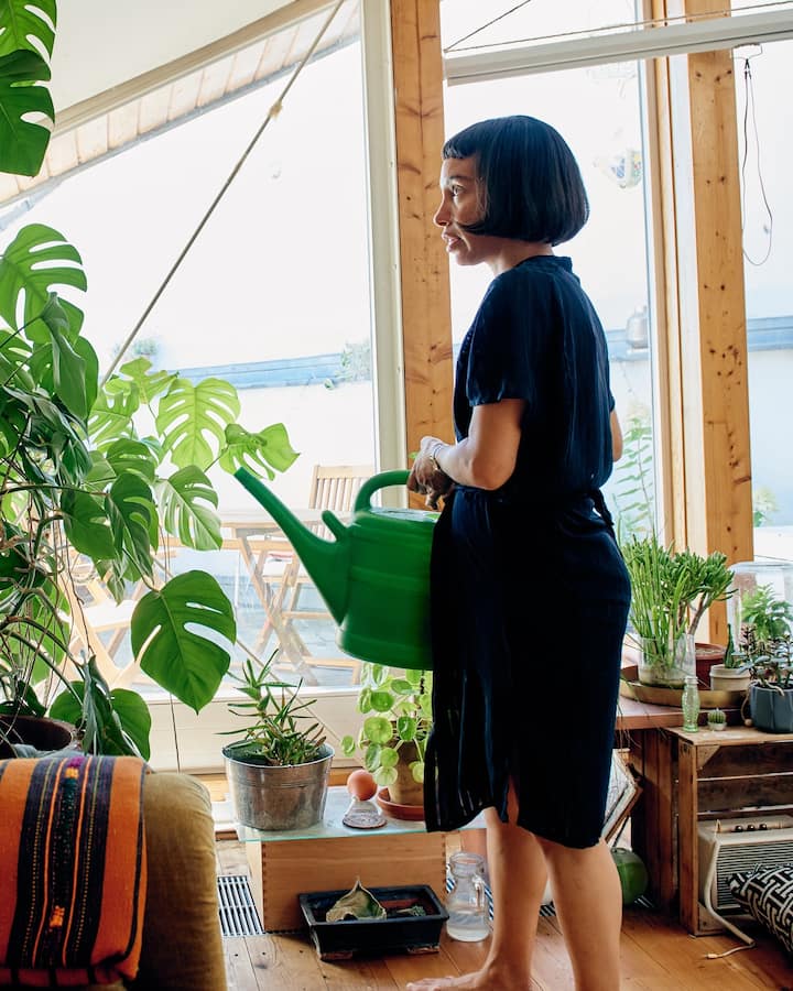 Woman waters plant in bright apartment