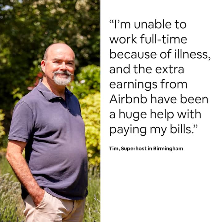 Tim, Superhost in Birmingham sharing that hosting on Airbnb helps him pay his bills