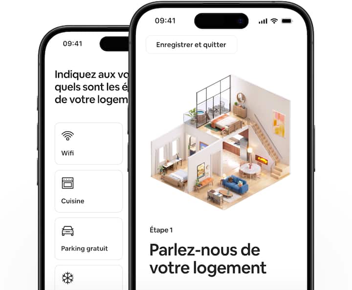 Deux téléphones posés l'un sur l'autre. L'un montre la première étape pour publier une annonce, l'autre affiche les équipements qu'un hôte peut sélectionner.
