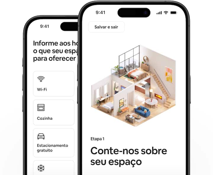 Dois telemóveis um em cima do outro. Um mostra o primeiro passo para anunciar a sua casa, o outro mostra as comodidades que os anfitriões podem selecionar.