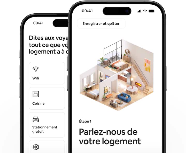 Deux téléphones posés l'un sur l'autre. L'un montre la première étape pour publier une annonce et l'autre les commodités qu'un hôte peut sélectionner.