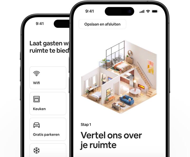 Twee telefoons worden boven elkaar weergegeven. Op de ene telefoon staat de eerste stap om je woning te adverteren, op de andere telefoon staan de voorzieningen waaruit een host kan kiezen.