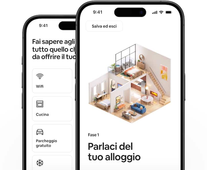 Due telefoni collocati uno sull'altro. Uno mostra il primo passo per pubblicare l'annuncio di un alloggio, l'altro i servizi che un host può selezionare.