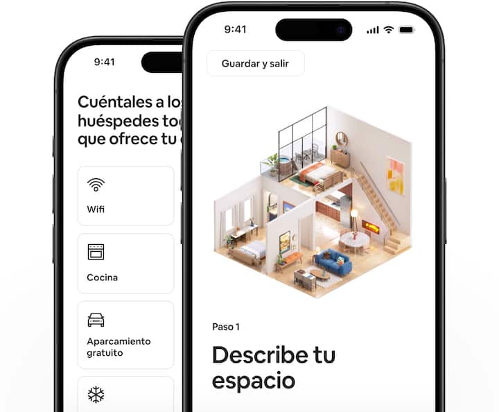 Dos teléfonos aparecen uno sobre el otro. Uno muestra el primer paso para publicar tu anuncio y el otro presenta las comodidades que pueden seleccionar los anfitriones.