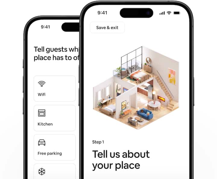 Two phones stacked on top of each other. One shows the first step to listing your home, the other displays amenities a host can select.