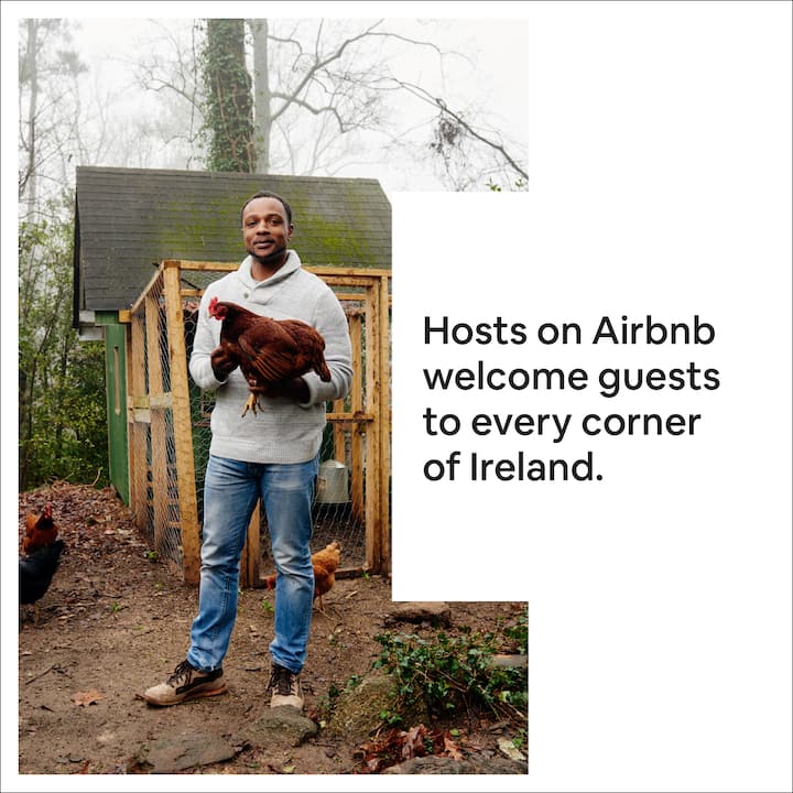 Image of host holding chicken which reads: Hosts on Airbnb welcome guests to every corner of Ireland