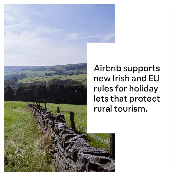 Green fields in Ireland with a stone wall and text: Airbnb supports new Irish and EU rules for holiday lets that protect rural tourism.