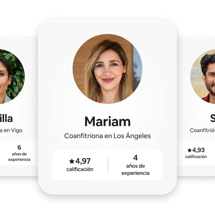 Varias tarjetas de perfiles de coanfitriones muestran la foto, el nombre, la ubicación, la calificación de los huéspedes y los años de experiencia de cada uno.