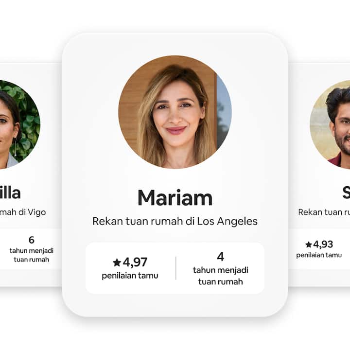 Serangkaian kartu profil rekan tuan rumah menampilkan foto, nama, lokasi, penilaian dari tamu, dan lama pengalaman masing-masing tuan rumah.