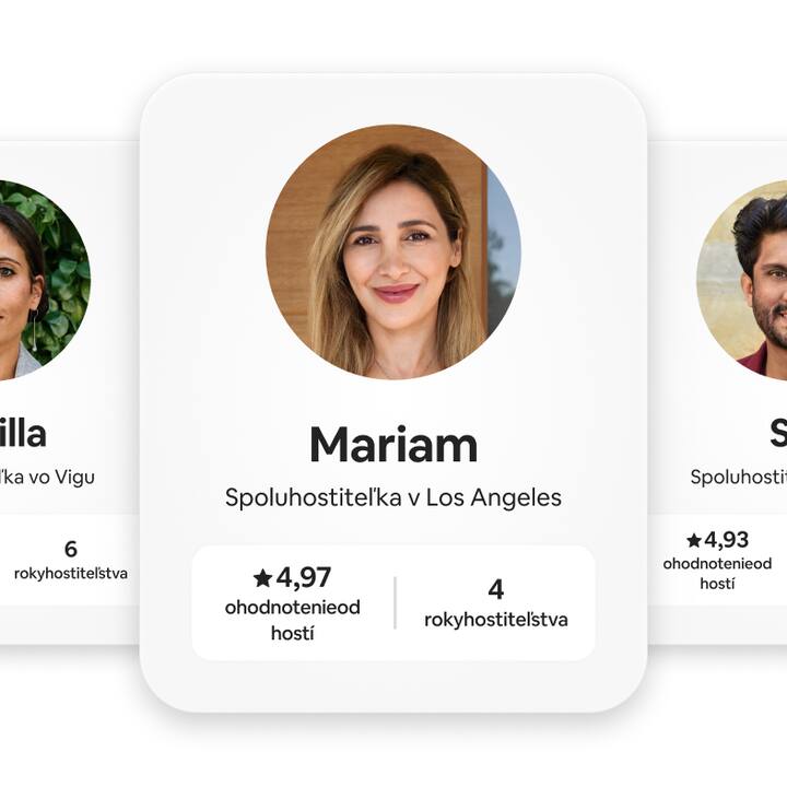 Séria profilových kariet spoluhostiteľov s fotkou, menom, polohou, ohodnotením od hostí a rokmi skúseností každého hostiteľa.