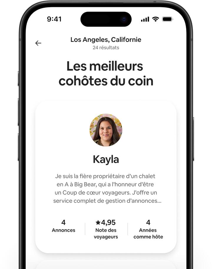 Des écrans Airbnb montrent différents profils de cohôtes avec un court énoncé, le nombre d'annonces, la note et le nombre d'années comme hôte.
