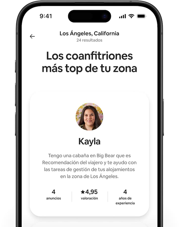 Varias pantallas de Airbnb muestran diferentes perfiles de coanfitriones que contienen un breve resumen y su número de anuncios, calificación de los huéspedes y años de experiencia.