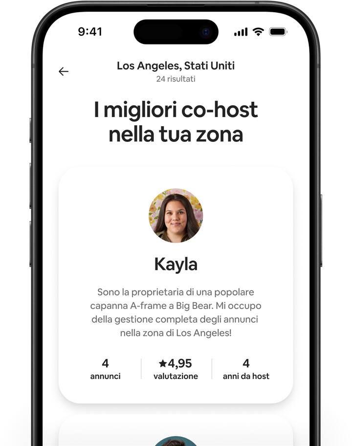 Schermate di Airbnb che mostrano diversi profili di co-host che contengono una breve presentazione, il numero di annunci, la valutazione degli ospiti e gli anni di esperienza.