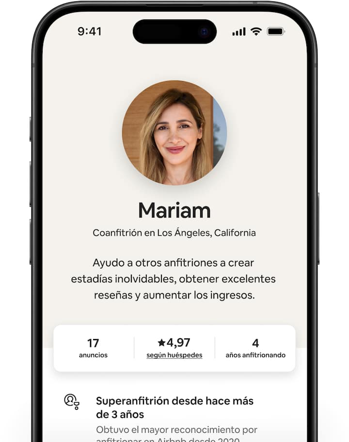 Pantallas de Airbnb que muestran diferentes perfiles de coanfitriones con un breve resumen, el número de anuncios, la valoración de los huéspedes y los años de experiencia como anfitrión.