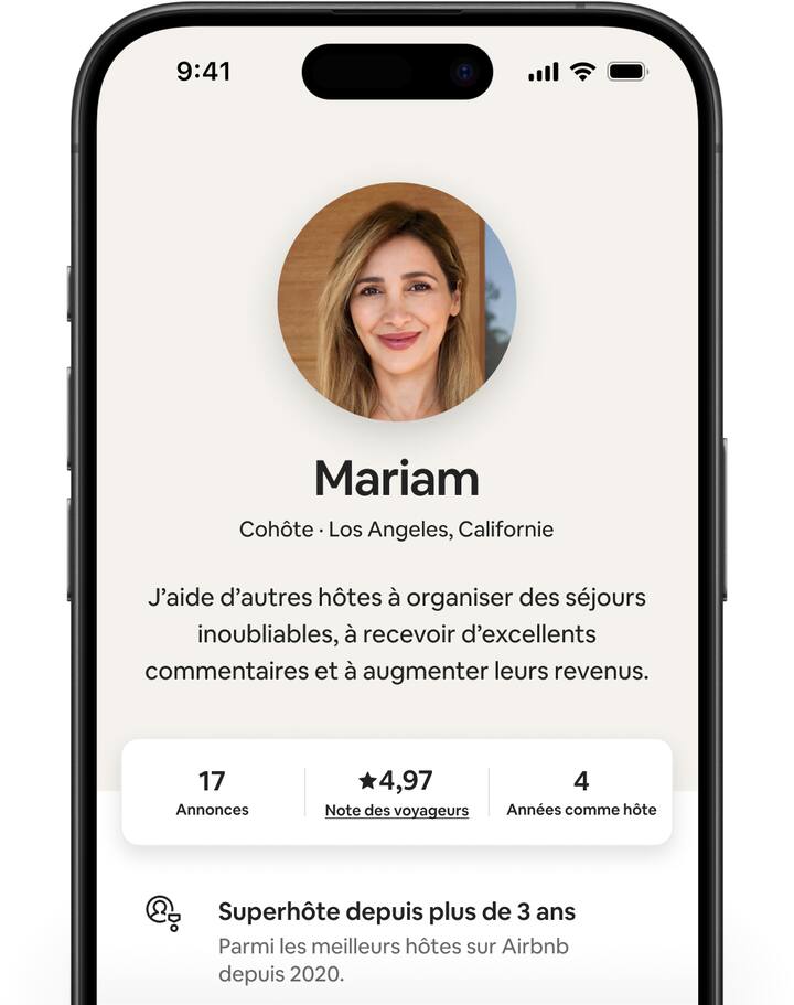Des écrans Airbnb montrent différents profils de cohôtes avec un court énoncé, le nombre d'annonces, la note et le nombre d'années comme hôte.