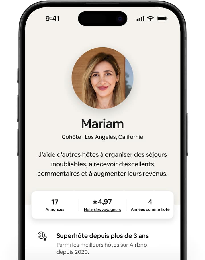 Des écrans Airbnb montrent différents profils de cohôtes avec un court énoncé, le nombre d'annonces, la note et le nombre d'années comme hôte.