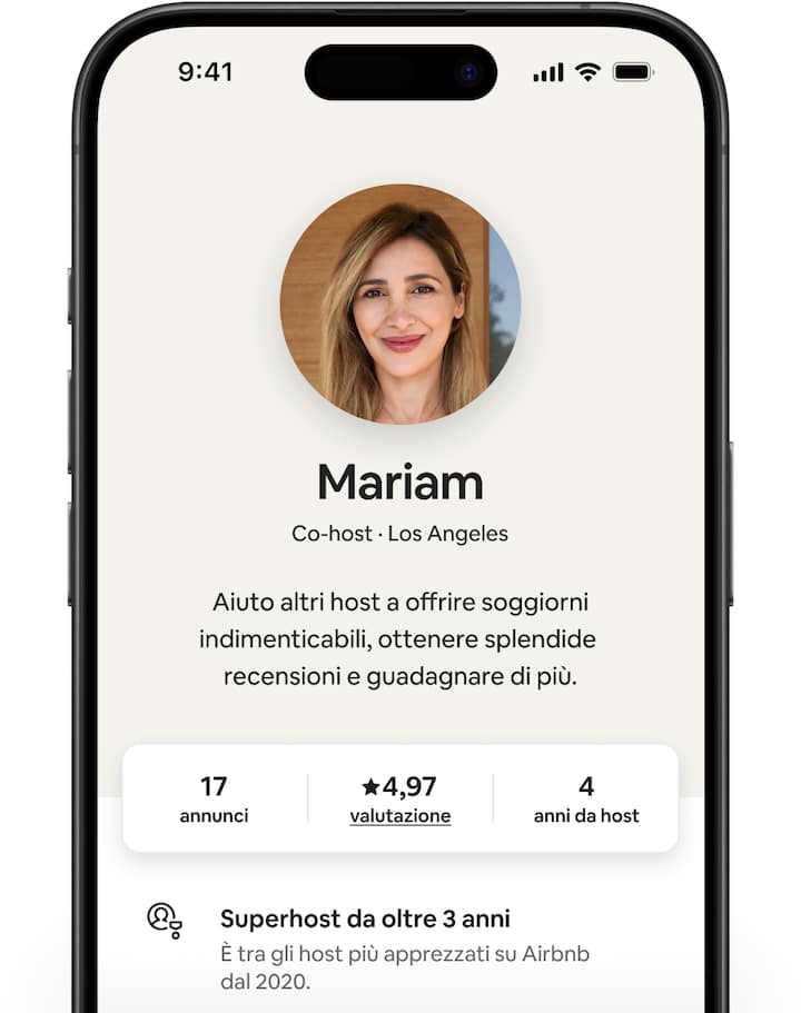 Schermate di Airbnb che mostrano diversi profili di co-host che contengono una breve presentazione, il numero di annunci, la valutazione degli ospiti e gli anni di esperienza.