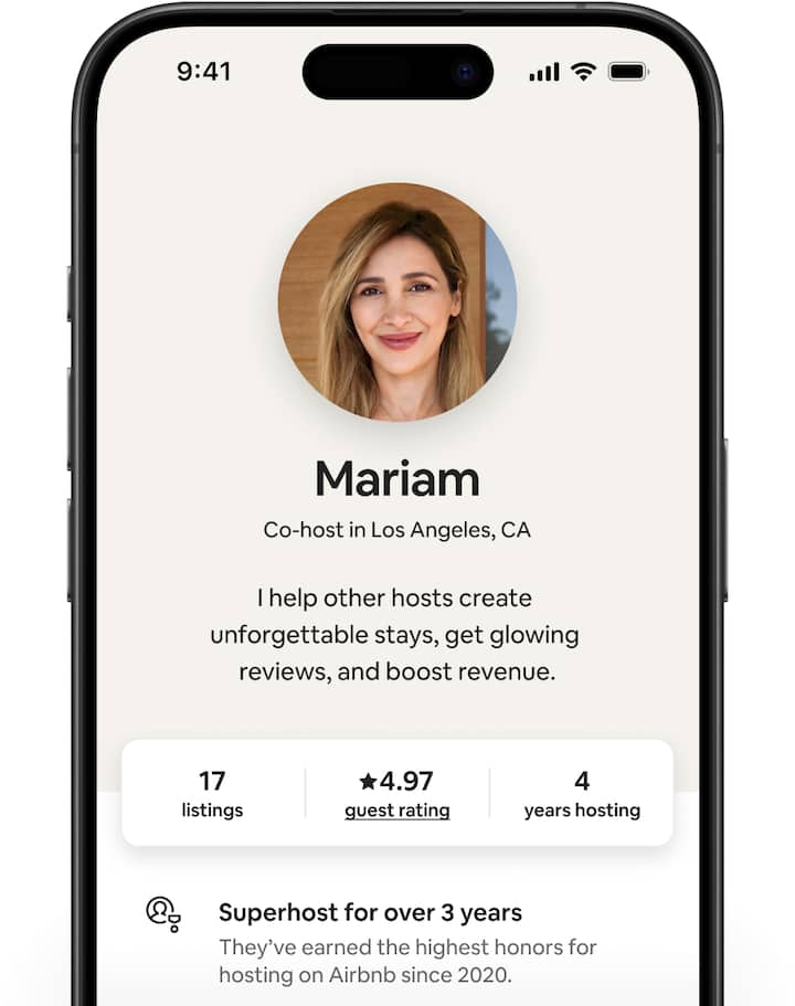 Airbnb screens showing different co-host profiles that contain a short statement, their number of listings, guest rating and number of years hosting.