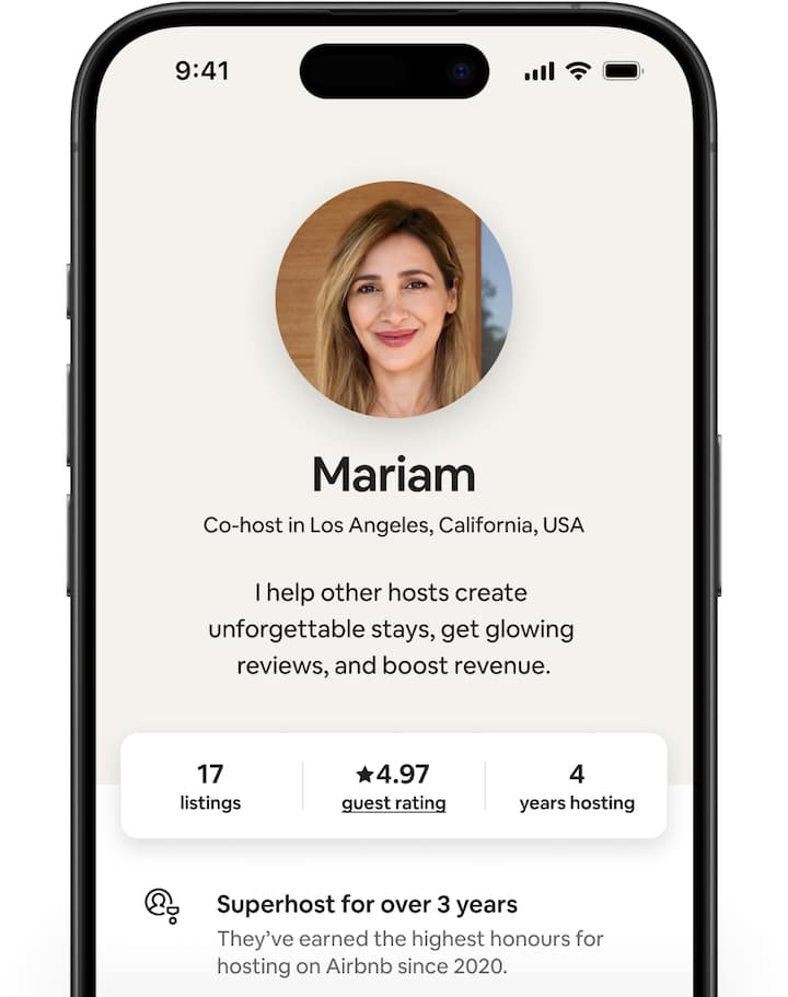 Airbnb screens showing different co-host profiles that contain a short statement, their number of listings, guest rating, and number of years hosting.