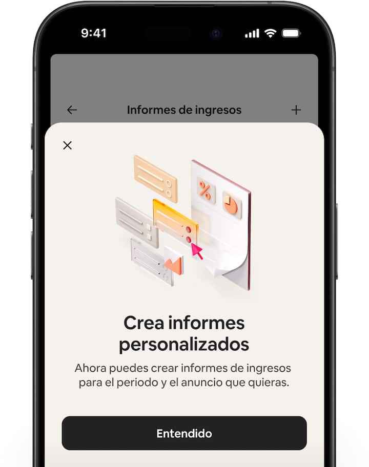Varias pantallas de Airbnb muestran el panel de ingresos y, luego, el proceso para crear un informe personalizado paso a paso.