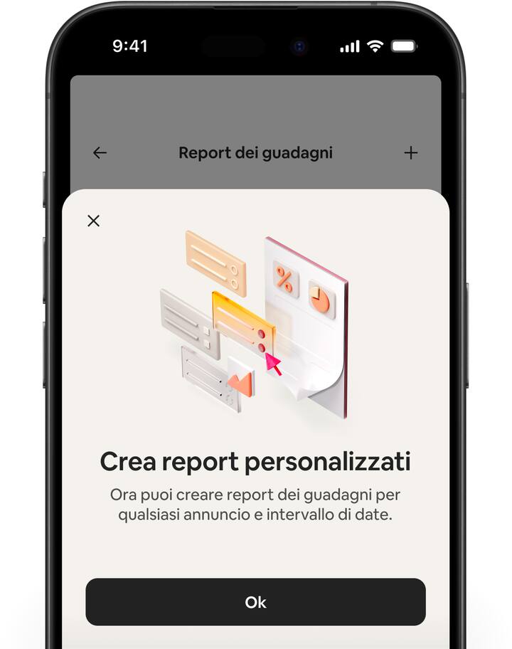Schermate di Airbnb che mostrano la scrivania dei guadagni per guidarti nella creazione di un report personalizzato.