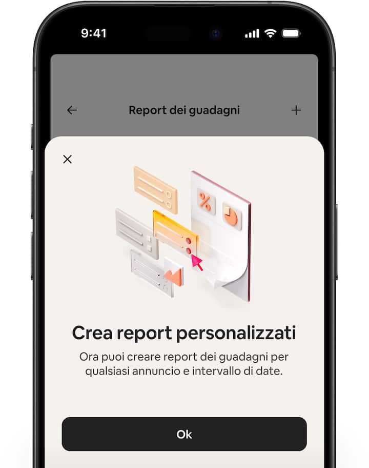 Schermate di Airbnb che mostrano la scrivania dei guadagni per guidarti nella creazione di un report personalizzato.