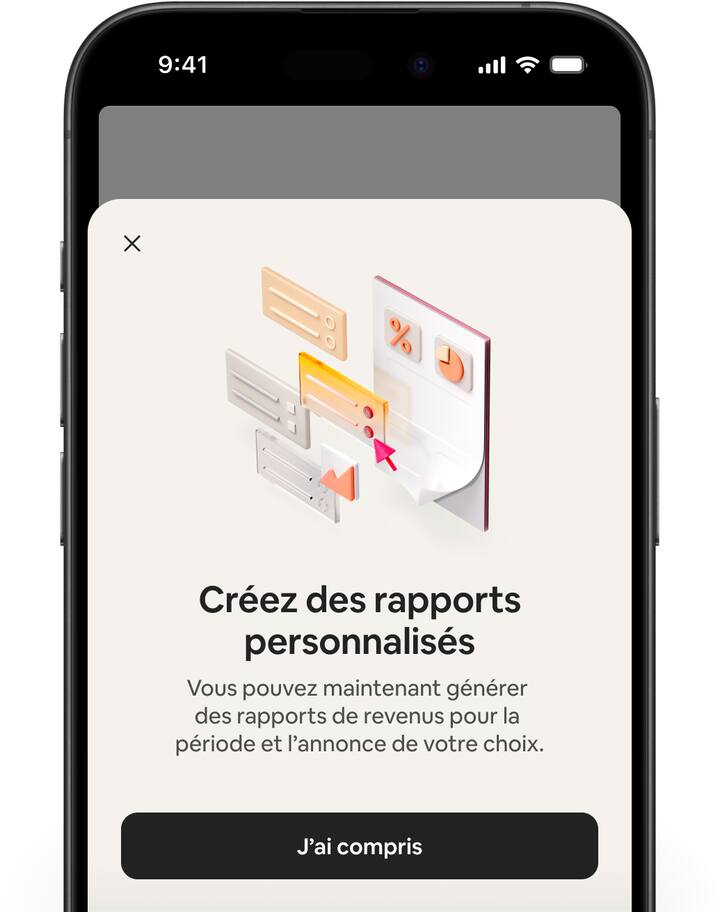 Des écrans Airbnb affichent le tableau de bord des revenus et guident les utilisateurs dans la création d'un rapport personnalisé.