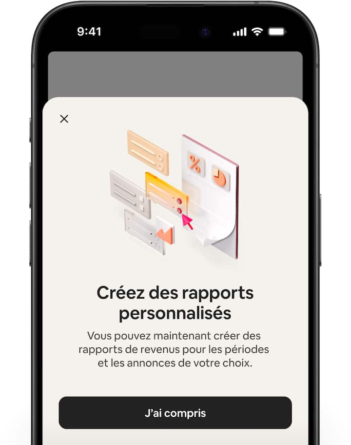 Des écrans Airbnb montrent le tableau de bord des revenus avec les explications des étapes de la création d'un rapport personnalisé.
