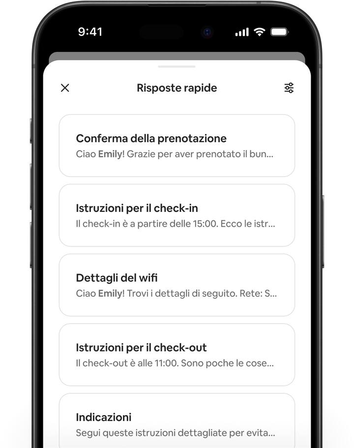 Schermate di Airbnb che mostrano uno scambio di messaggi tra un host e un ospite e le nuove opzioni per i modelli di risposta rapida.