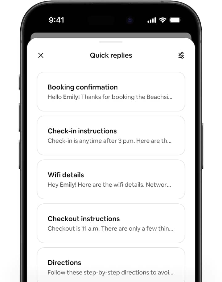 Airbnb screens showing a text conversation between a host and guest and featuring the new quick reply template options.