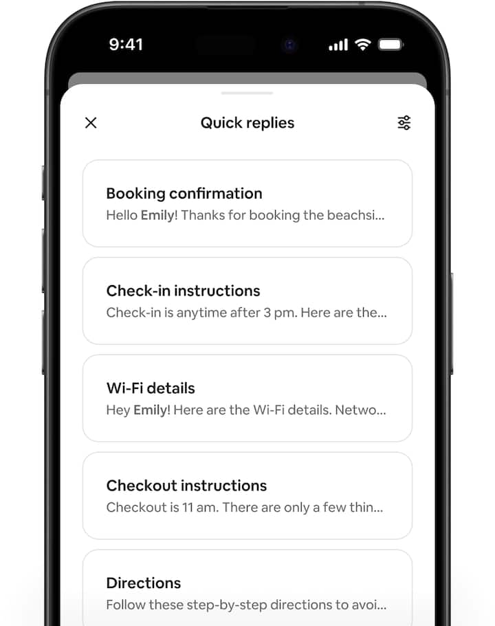 Airbnb screens showing a text conversation between a host and guest and featuring the new quick reply template options.